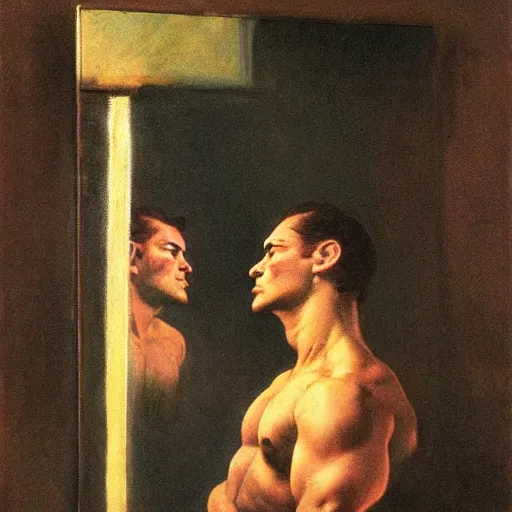 Image similar to a man looking in a mirror, frank frazetta