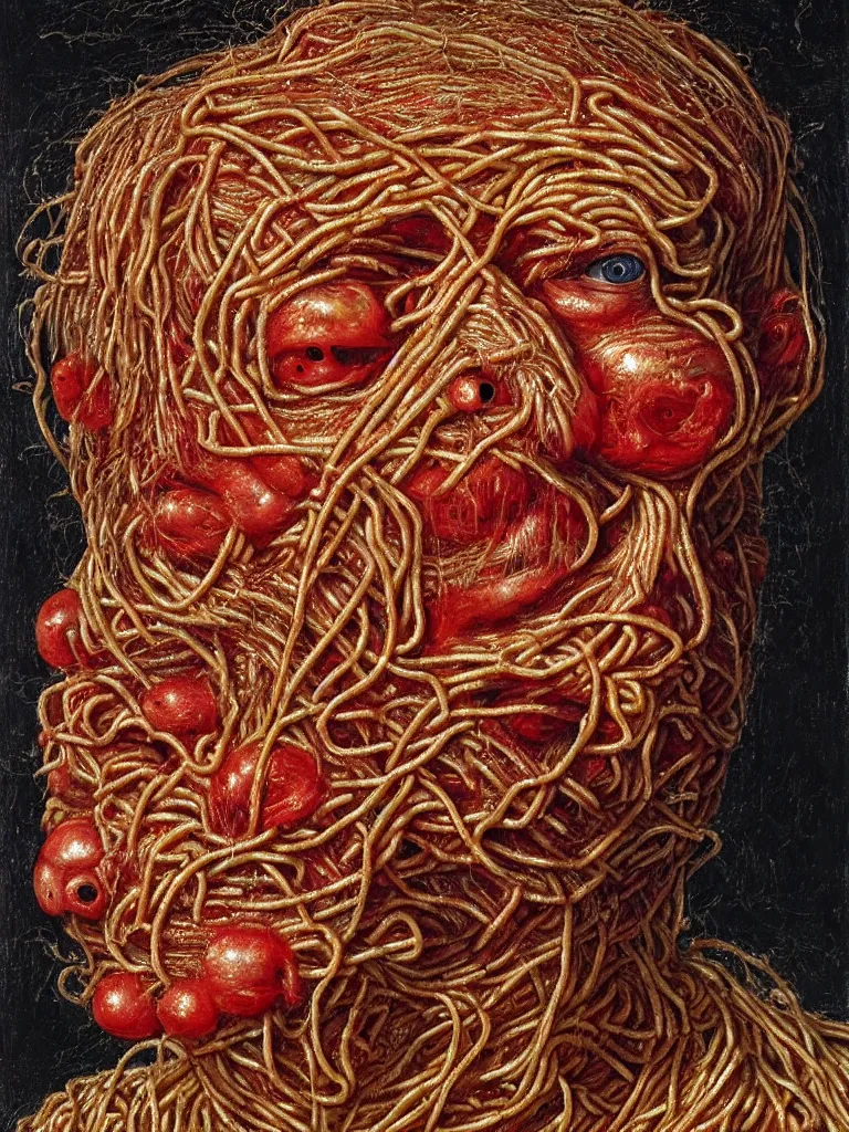 Image similar to a boy made of spaghetti and tomato, looking into camera, screaming in pain, by giuseppe arcimboldo and ambrosius benson, renaissance, intricate and intense oil paint, a touch of beksinski and hr giger and edward munch, realistic