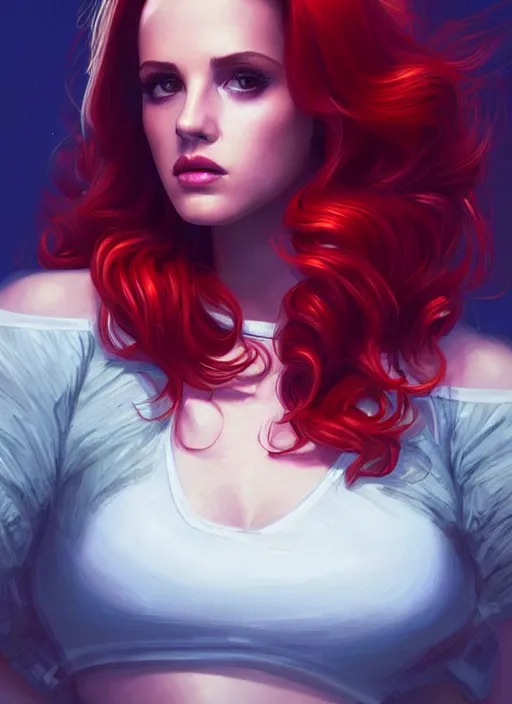 Image similar to full body portrait of teenage cheryl blossom, bangs, green eyes, sultry expression, red hair, sultry smirk, bangs and wavy hair, big bangs, intricate, elegant, glowing lights, highly detailed, digital painting, artstation, concept art, smooth, sharp focus, illustration, art by wlop, mars ravelo and greg rutkowski