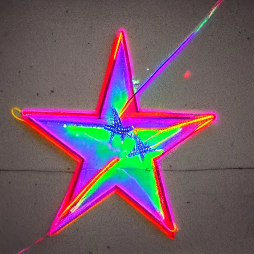 Prompt: rainbow star with legs walking in the neon city