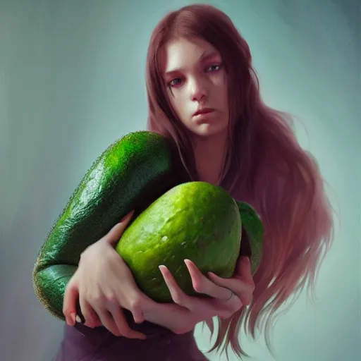 Image similar to lauren walsh lovingly cradling an avacado, fullbody, ultra high detailed, oil painting, greg rutkowski, charlie bowater, yuumei, yanjun cheng, lauren walsh, unreal 5, daz, hyperrealistic, octane render, rpg portrait, dynamic lighting, fantasy art, beautiful face