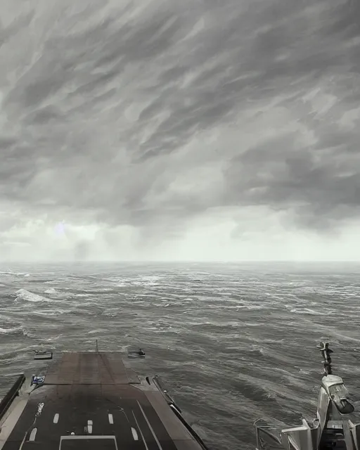 Prompt: view from an aircraft carrier of stormy seas, stormy weather, unreal engine, 3D digital art, ultrawide shot, 16mm lens