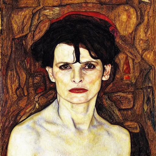 Prompt: Juliette Binoche in a bahay kubo, portrait, oil on canvas, by Egon Schiele