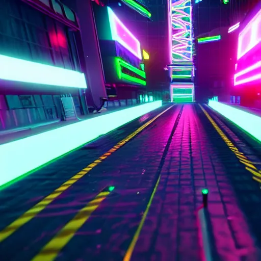 Image similar to a cyberpunk neon racing track in unreal engine, very high detailed, in a game, cinematic view