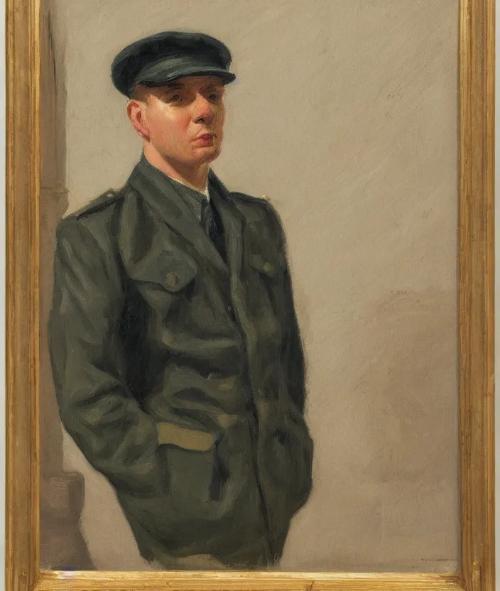 Prompt: a very detailed portrait of a man, wearing an open military jacket, frontal view, in the style of edward hopper and oswald hornby joseph birley, very small brushstrokes, 4 k,