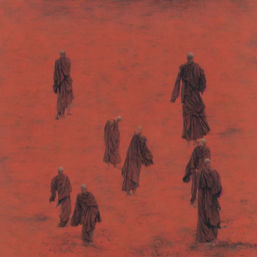 Prompt: faceless monks on a desert, red color scheme, high detailed beksinski painting, by adrian ghenie and gerhard richter. art by takato yamamoto. masterpiece, deep colours