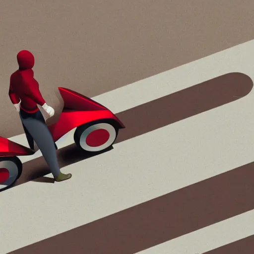 Prompt: man with a red jacket. walking towards a red futuristic racing motorbike on a wide road. isometric isometric view, wide angle, pencil drawing, photo realistic, hyper realistic, dramatic lighting, cyberpunk, ultra detailed, sharp focus, digital illustration, trending on artstation