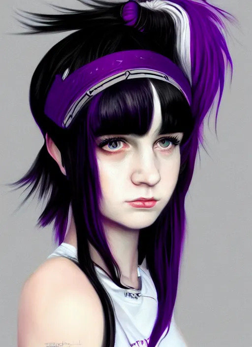 Image similar to portrait of white teenage girl named shrill prisston, normal face, black bangs, mall goth, cyberlox, black hair white bangs, fluffy bangs, red irises, purple hairband, intricate, elegant, highly detailed, digital painting, artstation, concept art, sharp focus, smooth, illustration, art by wlop, mars ravelo and greg rutkowski