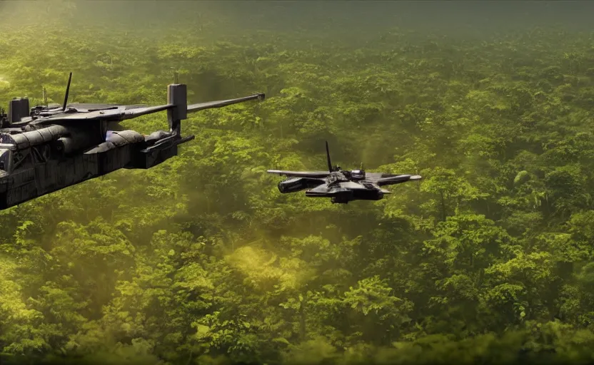 Image similar to photo of sci - fi gunship landing on jungle complex base, ultra detailed, movie frame, cinematical composition, 4 k, breaking bad