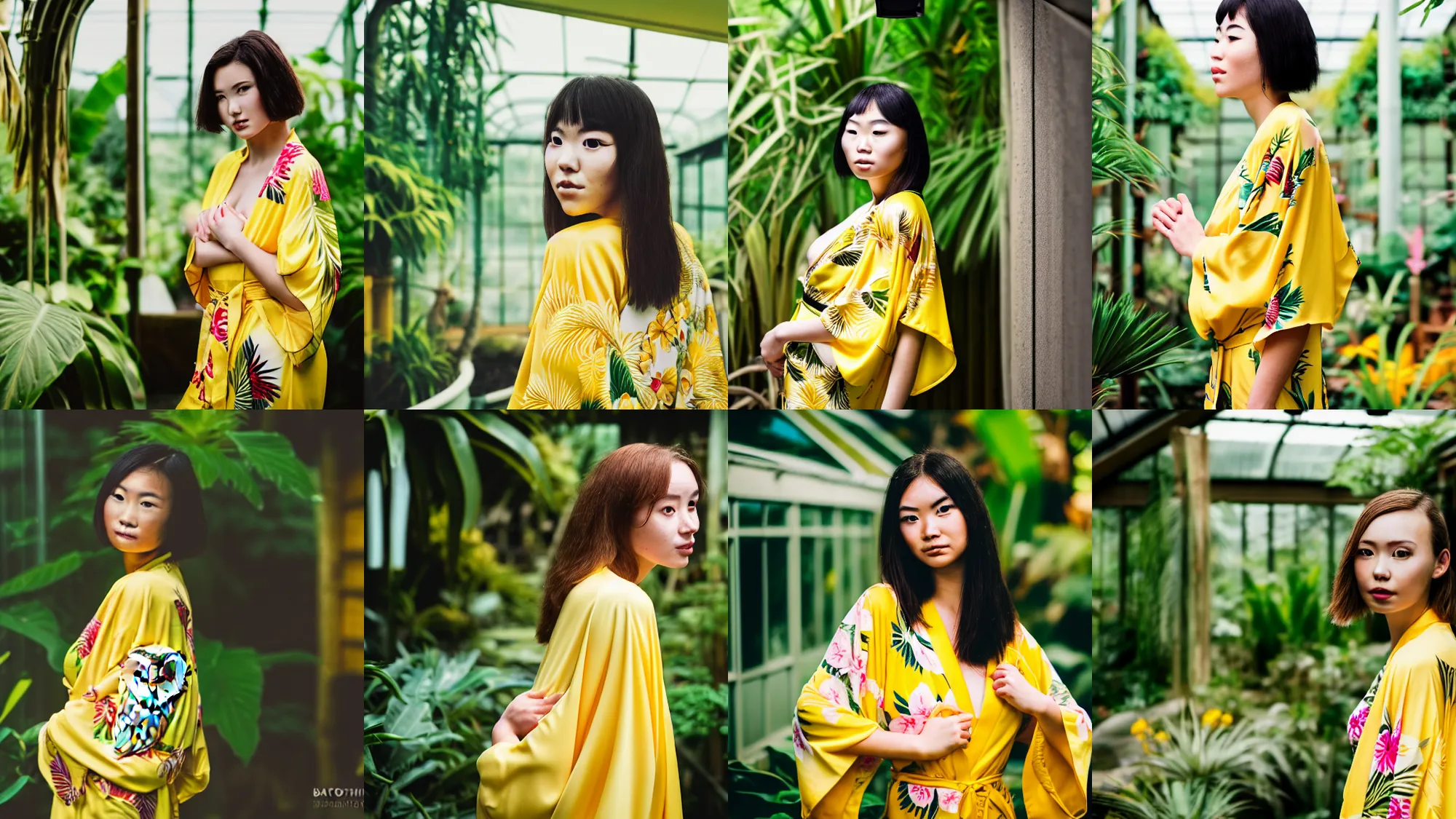 Prompt: head to shoulder Portrait an attractive young female wearing a yellow kimono in a tropical greenhouse with a very detailed barn owl on her shoulder, medium format camera, 85mm f1.8, bokeh, Fashion shoot 8k