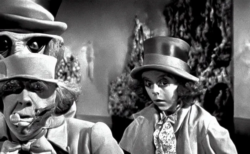 Prompt: Willy Wonka and the Chocolate Factory, still from an old surrealist black and white movie directed by Jan Svankmajer, Béla Tarr, Ingrid Bergman and Robert Wiene. Dark background, dramatic lighting, detailed, cinematic