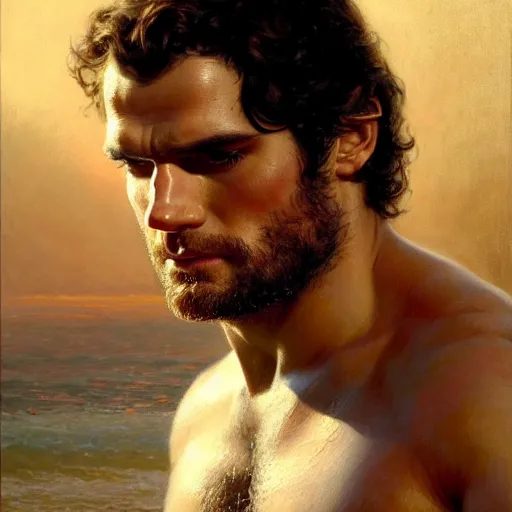 Prompt: attractive shirtless henry cavill, soft morning glow. highly detailed painting by gaston bussiere, craig mullins, j. c. leyendecker 8 k