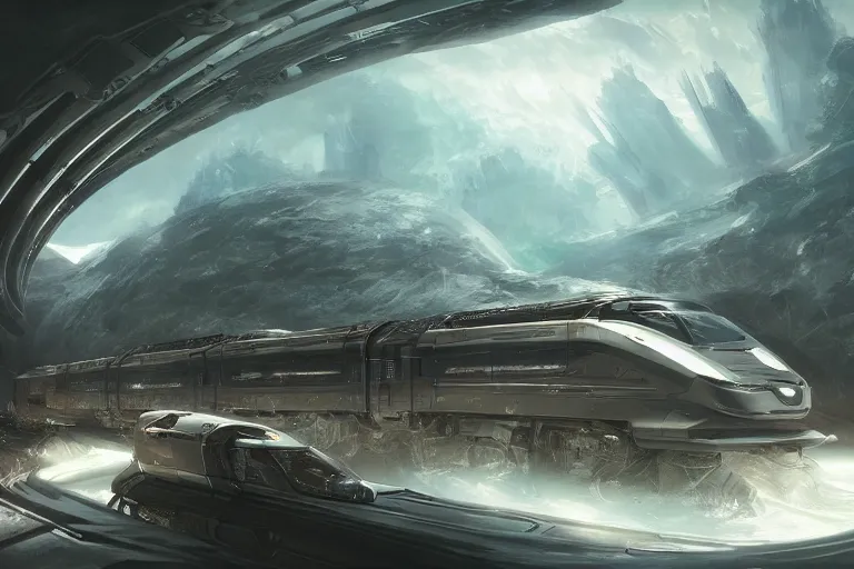 Image similar to a futuristic train riding through alien landscape, hyperdetailed, artstation, by Feng Zhu