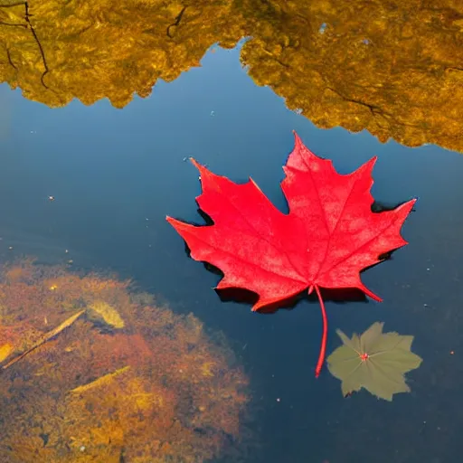 Prompt: close - up of a red maple leaf floating on top of a pond, with reflection