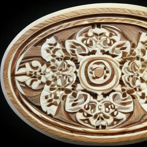 Image similar to wood carved mendala hyper realistic detailed luminous ivory and gold inlay