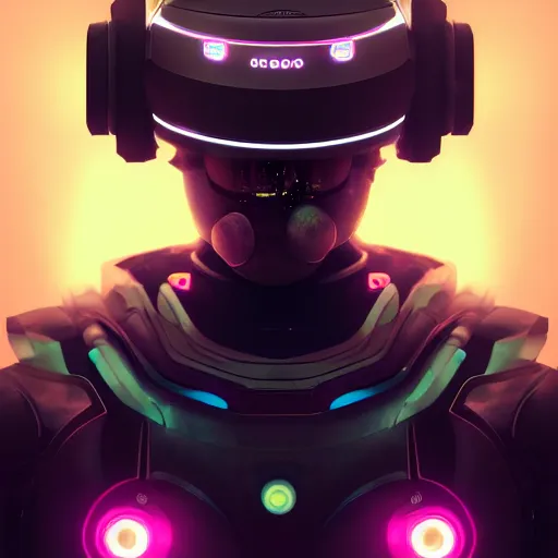 Prompt: cyberpunk concept cyborg bot, cinema 4 d, galaxy, ufo, space sci - fi, wearing vr goggles, illustration, portrait, pastel neon textured background night, trending on artstation, greg rutkowski, octane rendered, 1 2 k, detailed,