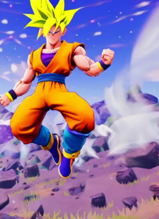 Image similar to game still of super sayan goku as a fortnite skin in fortnite.