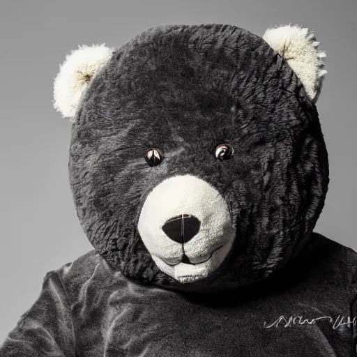 Image similar to the face of kanye west wearing a full teddy bear costume at 4 2 years old, portrait by julia cameron, chiaroscuro lighting, shallow depth of field, 8 0 mm, f 1. 8