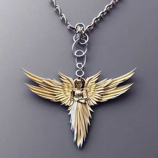 Image similar to 2 tone 3 d 6 winged angel necklace, jewelry render, photography, raytraced