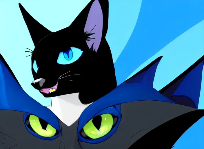 Image similar to a blue - and - black male catbat fursona with blue / green heterochromatic eyes ( differently - colored eyes, one eye green, one eye blue ) and huge bat ears, photo of the catbat streaming on his computer