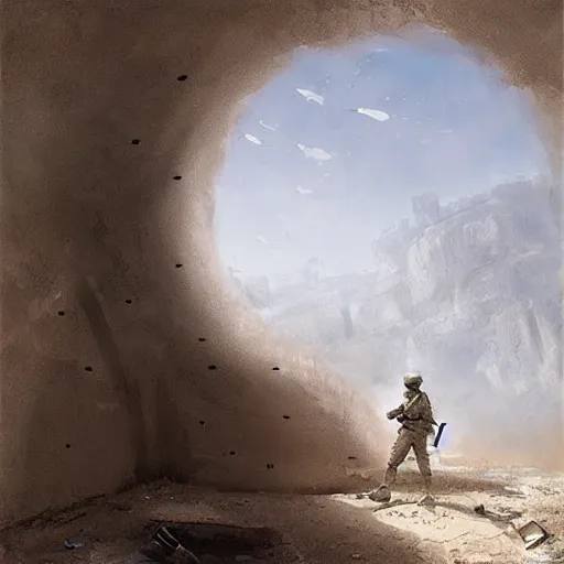 Image similar to two soldiers hiding in an bunker, Matte painting , detailed painting, greg rutkowski