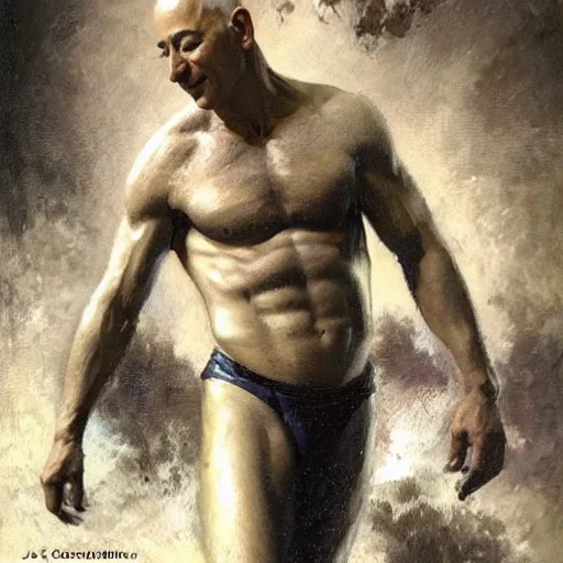 Prompt: Jeff Bezos with a chiseled body type, painting by Gaston Bussiere, Craig Mullins