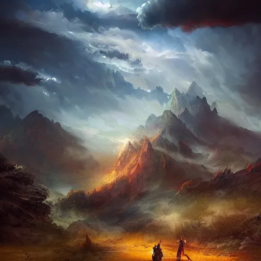 Image similar to fantasy book cover painting, dramatic shot of a lively landscape in the country, wallpaper by Ross Tran