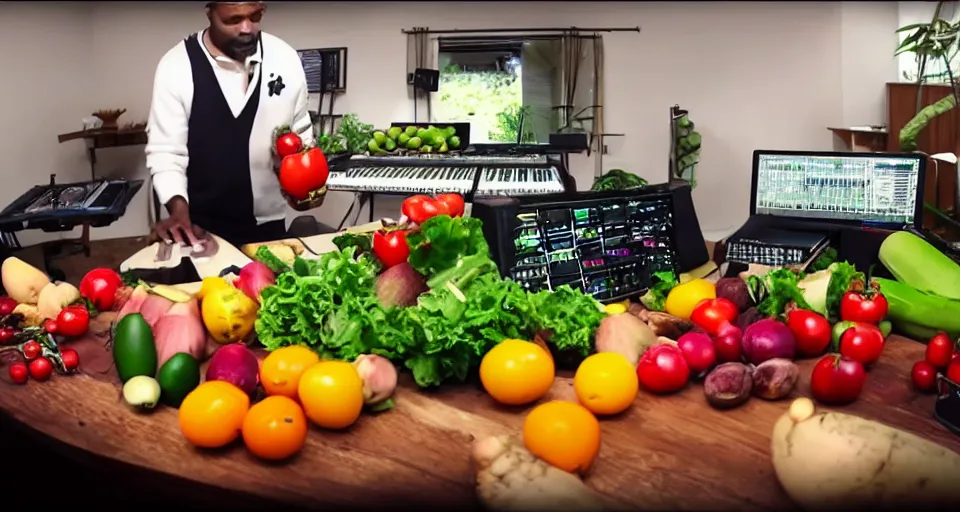 Prompt: film still of fresh fruits and vegetables making beats in the studio on an mpc