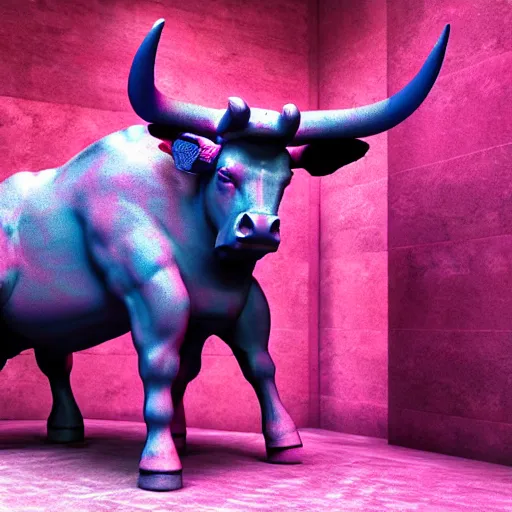 Prompt: unreal engine octane render houdini hyperreallistic render 8k marble statue of the bull minotaur vaporwave blue and pink neon background