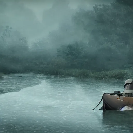 Prompt: jungle river army patrol boat tail of a crashed plane in the water, moody ambience, fog, smoke, dramatic, 4 k, trending on artstation