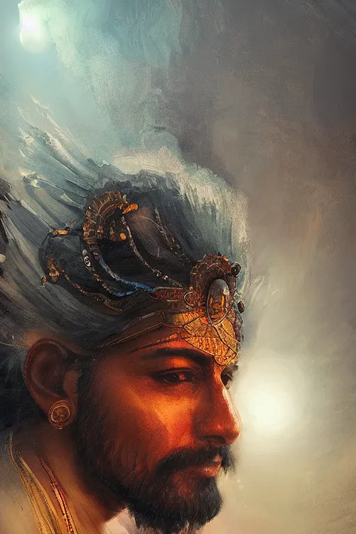 Image similar to indian god, close - up portrait, powerfull, intricate, elegant, volumetric lighting, scenery, digital painting, highly detailed, artstation, sharp focus, illustration, concept art, ruan jia, steve mccurry