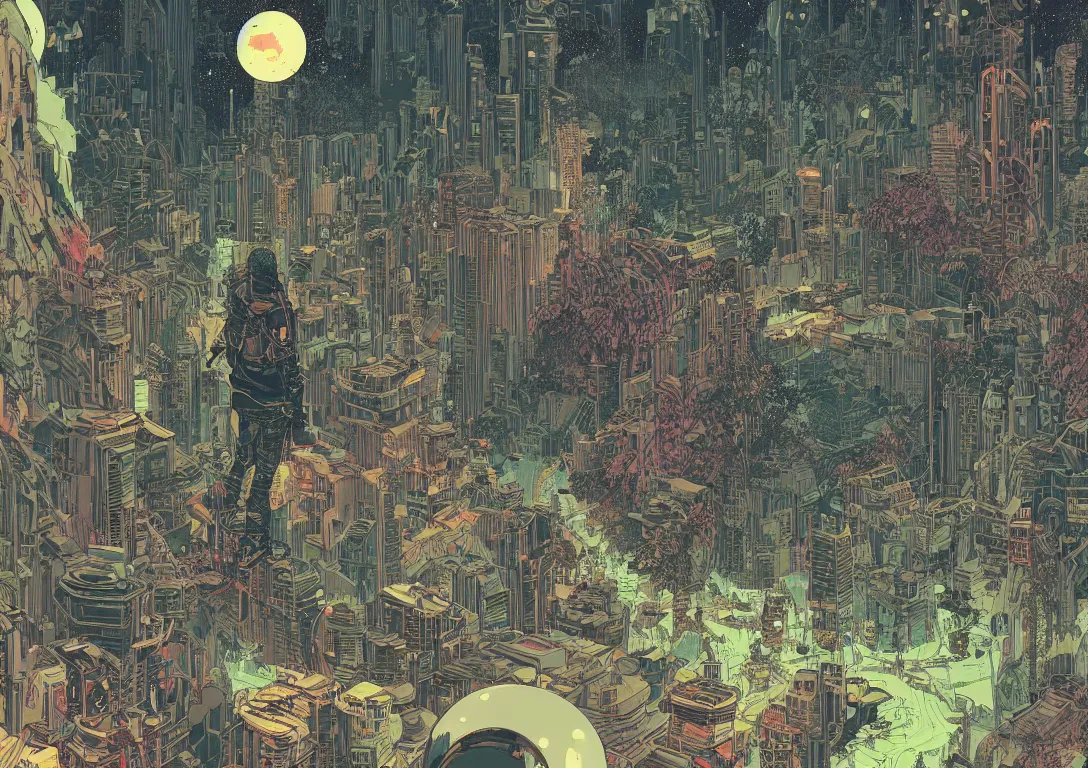 Image similar to Stunningly intricate illustration of single cyberpunk explorer overlooking lush forest, highly detailed, midnight, small glowing orbs by Victo Ngai and James Gilleard , Moebius, Laurie Greasley