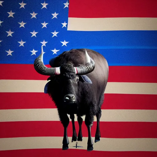 Image similar to a water buffalo wearing red white and blue full body armor octane render, 8 k resolution high detail, in the style of syd mead