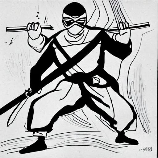 Image similar to 90s retro line drawing of a ninja with synthesizers