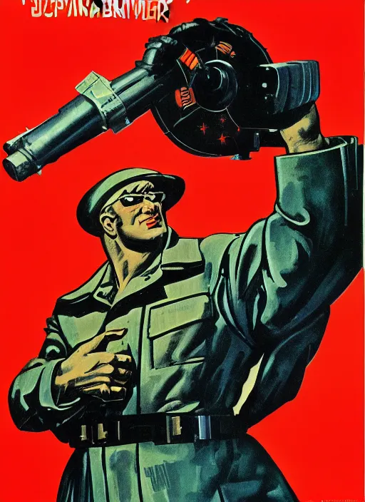 Image similar to soviet propaganda poster. cyberpunk heavy weapons guy. portrait by jean giraud and anton otto fischer and john philip falter and will eisner and gil elvgren