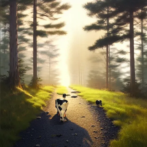 Prompt: cow excrement in the middle of the path, pinewoods, oaks, spring season, 4 k, morning light, concept art, by wlop, ilya kuvshinov, artgerm, krenz cushart, greg rutkowski, pixiv. cinematic dramatic atmosphere, sharp focus, volumetric lighting, cinematic lighting, studio quality