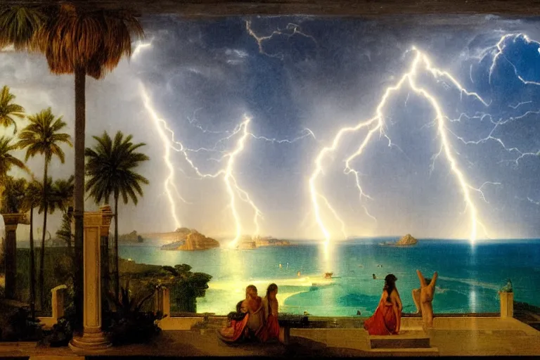 Image similar to mediterranean balustrade, refracted lightnings on the ocean, thunderstorm, greek pool, beach and Tropical vegetation on the background major arcana sky and occult symbols, by paul delaroche, hyperrealistic 4k uhd, award-winning, very detailed paradise