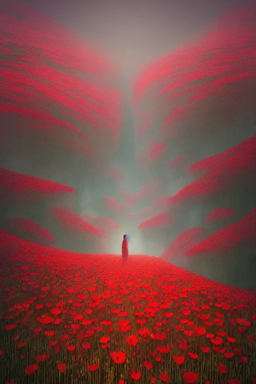 Prompt: VAST FOREST, red poppies, dreamlike, psychedelic, otherworldly, weird, cyberpunk, vaporware, interesting details, volumetric lighting, dramatic, fantasy, by Moebius, by zdzisław beksiński, ARTGERM, Fantasy LUT, epic composition, 8k,