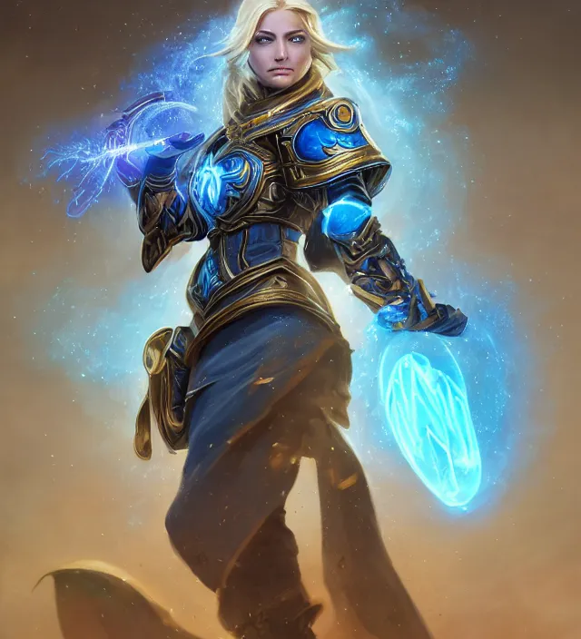 Image similar to Jaina Proudmore portrait, intricate arcane armor with glowing magical runes, flowing blue magical energy, subject in the middle of the frame, rule of thirds, golden ratio, elegant, digital painting, octane 4k render, zbrush, hyperrealistic, artstation, concept art, smooth, sharp focus, illustration from Warcraft by Ruan Jia and Mandy Jurgens and Artgerm and William-Adolphe Bouguerea