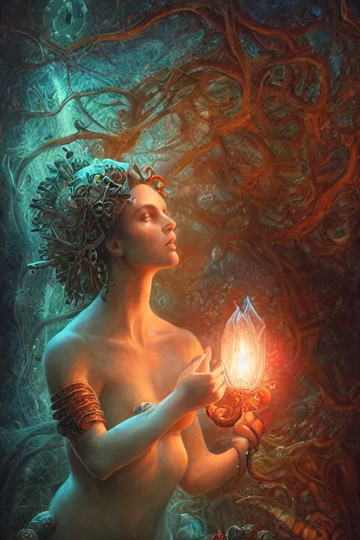 Prompt: a stunning ultra detailed underwater fantasy illustration of a goddess holding a glowing lamp, overgrown with colorful coral, by tomasz alen kopera and tom bagshaw, water bubbles, very detailed, deep depth of field, 5 0 mm lens, soft lighting, artstation, highly coherent, 8 k