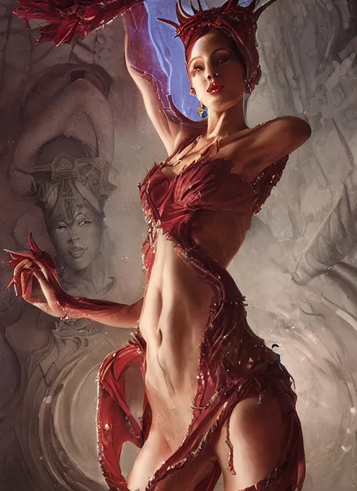 Image similar to a detailed body portrait of a elegantly dressed female tiefling dancing, queen of blades, a beautiful face, by dorian cleavenger, by greg rutkowski, by wlop, by astri lohne, by zdzisław beksinsk, by bastien lecouffe - deharme