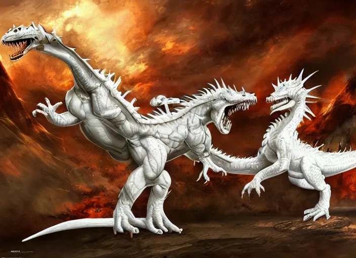 Image similar to a white dragon fighting a tyrannosaurus rex, intricately detailed, concept art