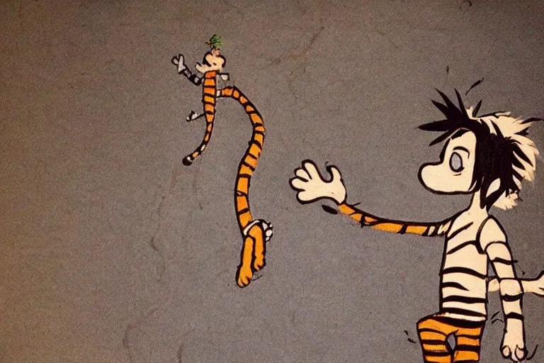 Image similar to calvin and hobbes in cave painting style