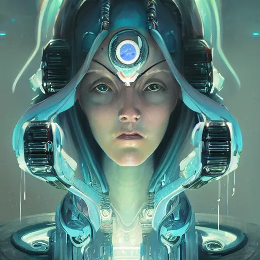 Prompt: portrait of a beautiful cybernetic priestess, cyberpunk concept art by pete mohrbacher and seb mckinnon and beksinski and josan gonzales, digital art, highly detailed, intricate, sci-fi, sharp focus, Trending on Artstation HQ, deviantart, unreal engine 5, 4K UHD image