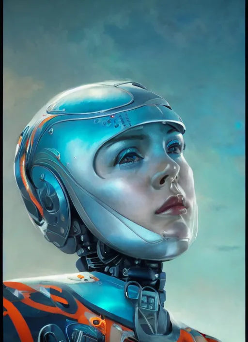 Prompt: symmetry!!! closeup portrait! of a racer girl, cyborg jumpsuit, in clouds, cinematic light, windy, teal orange, by gerald brom, by mikhail vrubel, by peter elson, muted colors, extreme detail, trending on artstation, 8 k