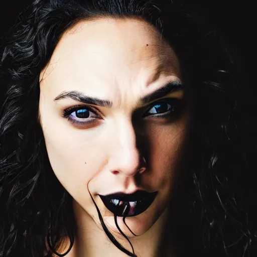 Prompt: gal gadot as a goth woman, eye piercings, close up shot, black hair on right half, white hair on left half, pale skin, sensual, beautiful soft light failling on her face, studio photography, nikon 3 5 mm portrait photography, ultra realistic