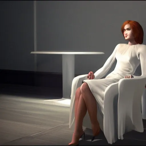 Prompt: a woman in a white dress sitting in a chair, concept art by john carpenter, reddit, hypermodernism, playstation 5 screenshot, unreal engine 5, criterion collection