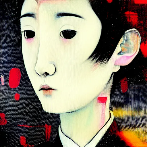 Image similar to yoshitaka amano blurred and dreamy realistic three quarter angle portrait of a young woman with short hair and black eyes wearing office suit with tie, junji ito abstract patterns in the background, satoshi kon anime, noisy film grain effect, highly detailed, renaissance oil painting, weird portrait angle, blurred lost edges