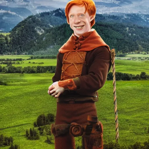Prompt: ronald weasley, as a bavarian, enjoying the foothills, photo realistic, happy.