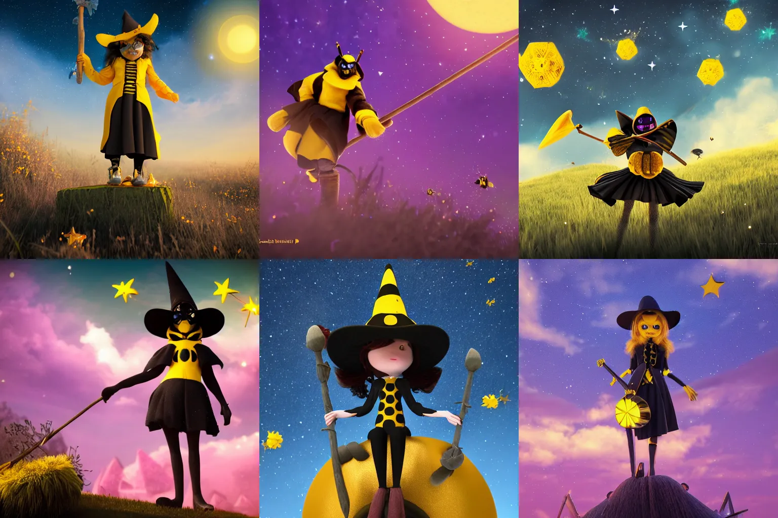 Prompt: bumblebee witch on a broomstick, night sky background, twinkling stars, digital art, high resolution, octane render, 4 k